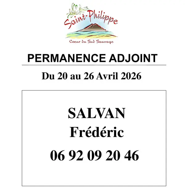 Permanence Adjoint du 20 au 26 Avril 2026. SALVAN Frédéric, Tél : 0692 09 20 46