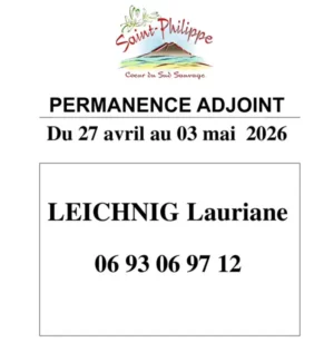 Permanence adjoint du 27 avril au 03 mai 2026 - LEICHNIG Lauriane - tel : 0693 06 97 12