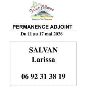 Permanence adjoint du 11 au 17 mai 2026 - Salvan Larissa. tel : 0692 31 38 19