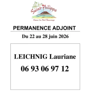 Permanence Adjoint du 22 au 28 juin 2026. LEICHNIG Lauriane, Tél : 0693 06 97 12
