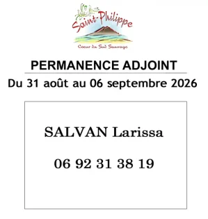 Permanence Adjoint du 31 août au 06 septembre 2026. SALVAN Larissa, Tél : 0692 31 38 19