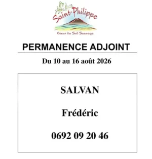 Permanence Adjoint du 10 au 16 août 2026. SALVAN Frédéric, Tél : 0692 09 20 46