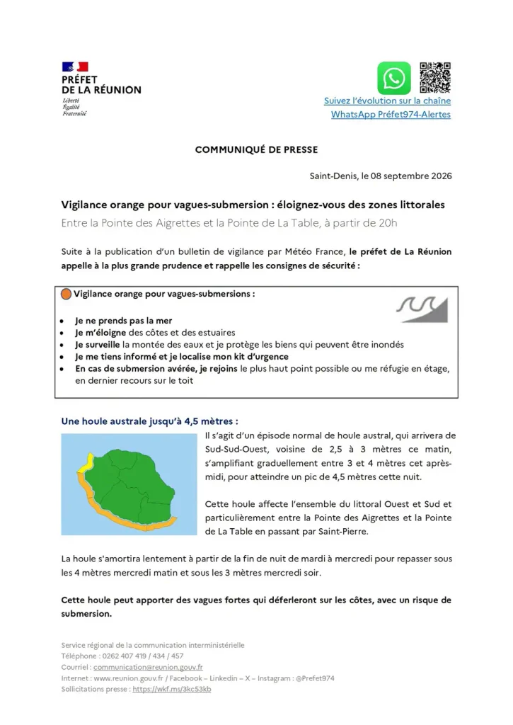 Communiqué de la préfecture de La Réunion : vigilance orange pour vagues-submersion entre la Pointe des Aigrettes et la Pointe de La Table à partir du 8 septembre 2026, 20h, avec consignes de sécurité