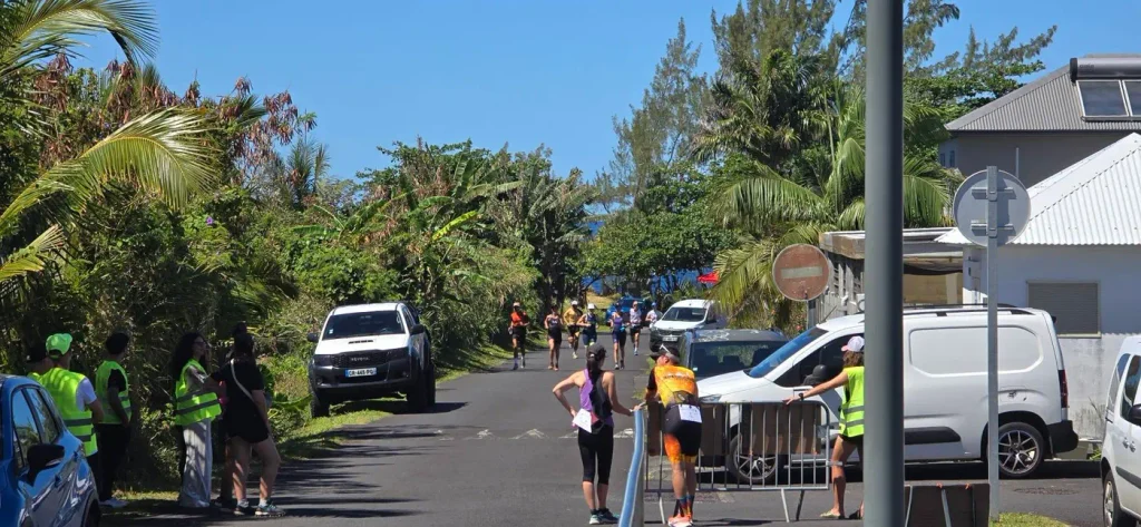 Coureurs sur un chemin ombragé bordé de palmiers