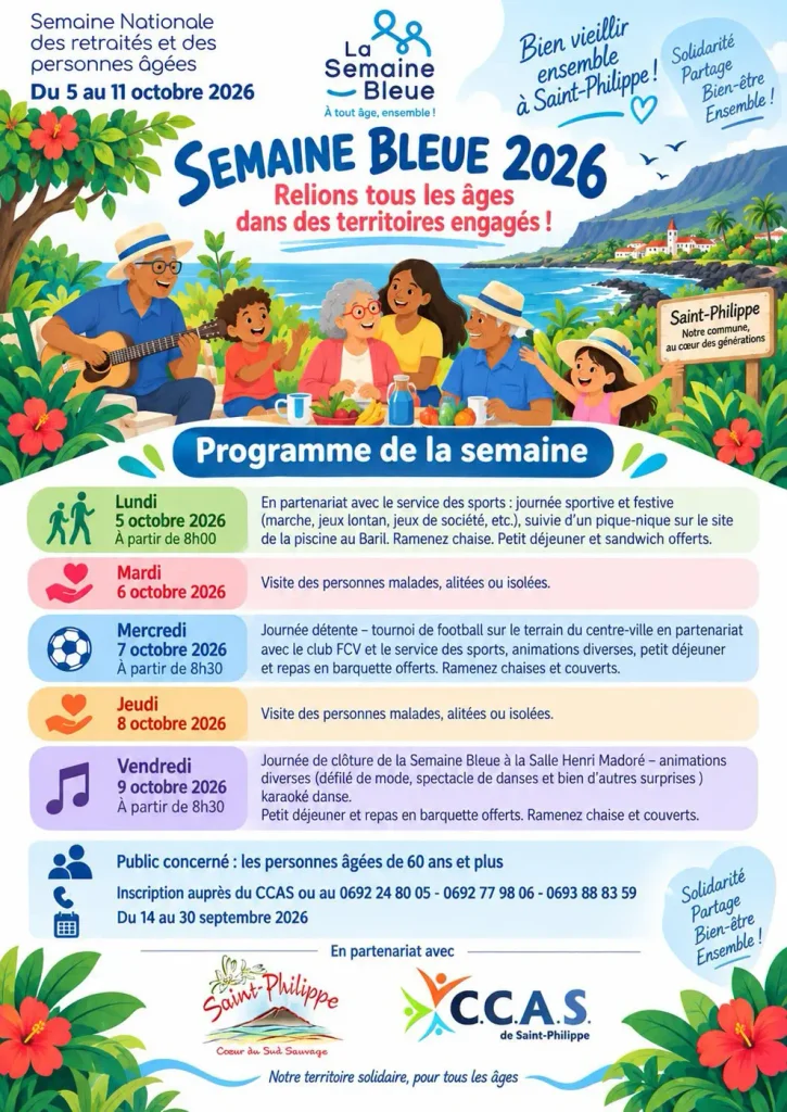 Affiche Semaine Bleue 2026 à Saint-Philippe, du 5 au 11 octobre -illustration d'une famille réunie en bord de mer.