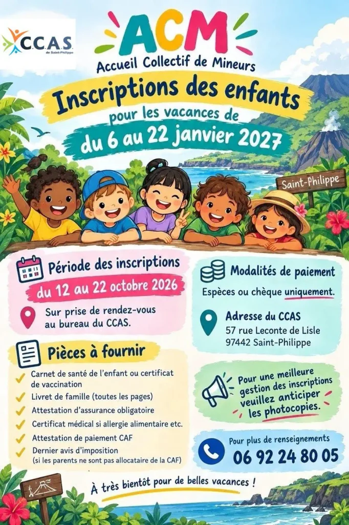 Affiche ACM du CCAS -  inscriptions du 12 au 22 octobre 2026 pour les vacances du 6 au 22 janvier 2027
