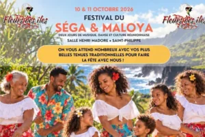 Famille réunionnaise en tenues traditionnelles fleuries, Festival Séga & Maloya