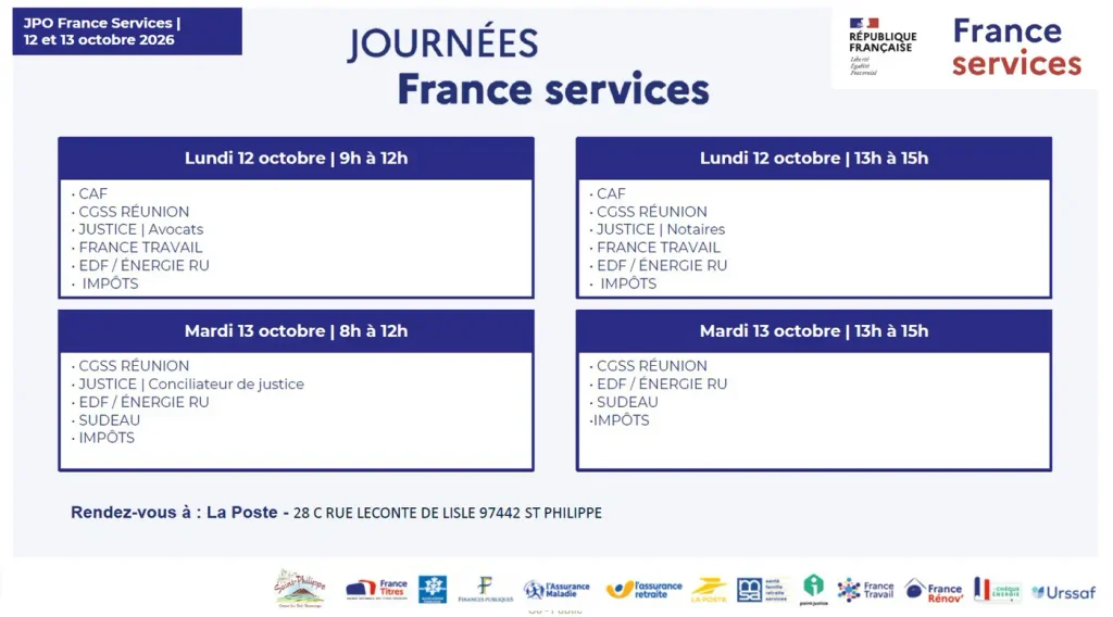 Programme des Journées France services à Saint-Philippe, 12 et 13 octobre 2026