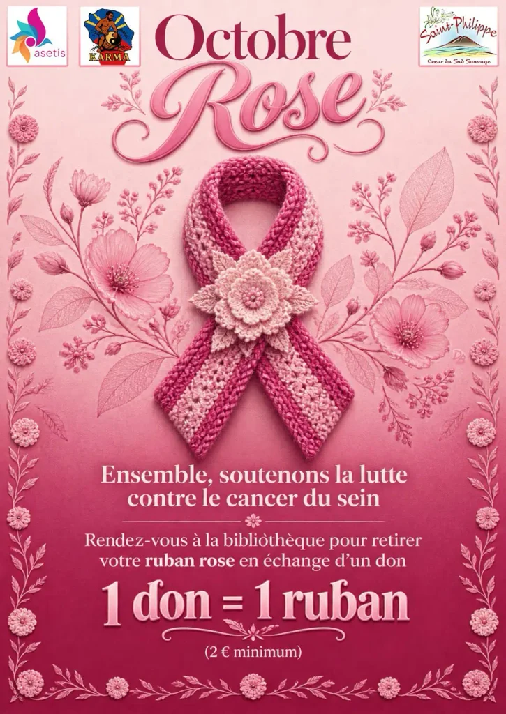 affiche Octobre Rose : 1 don = 1 ruban rose à la bibliothèque, 2 € minimum
