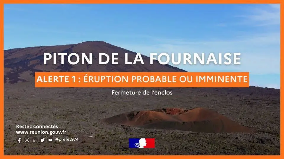Vue panoramique du volcan - alerte 1 : éruption probable ou imminente du Piton de la Fournaise