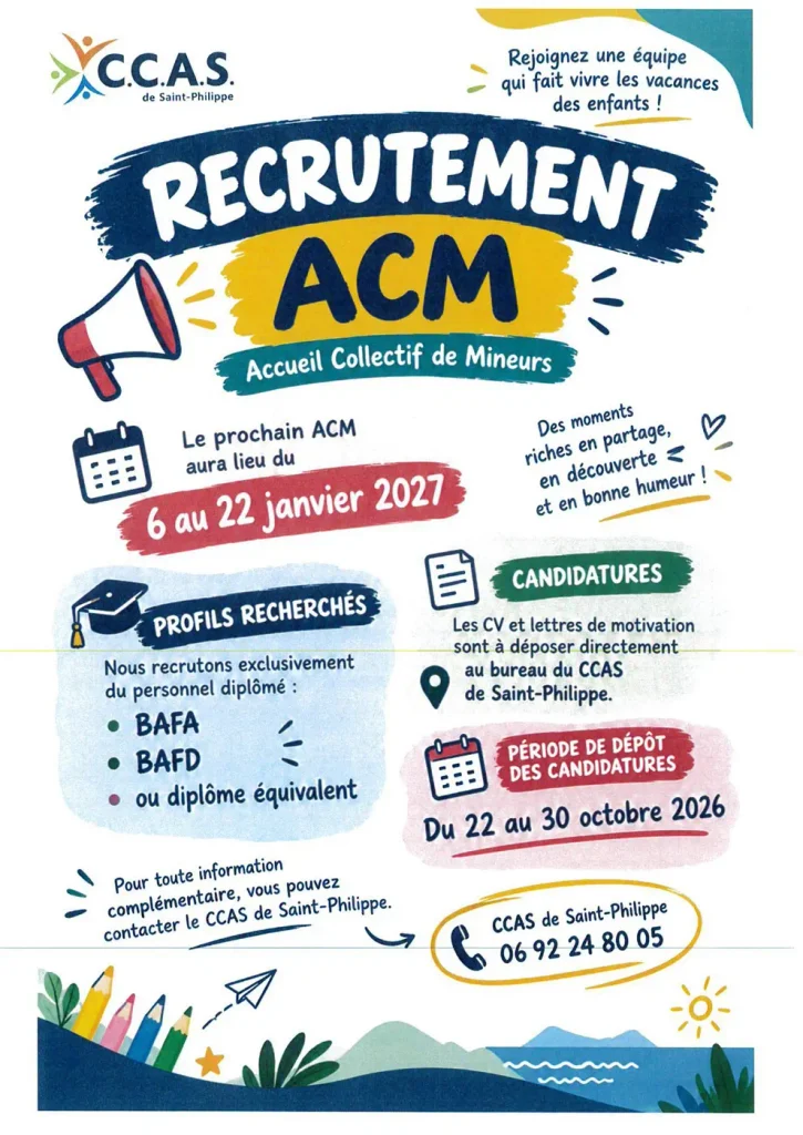 Affiche de recrutement ACM du CCAS de Saint-Philippe, du 6 au 22 janvier 2027