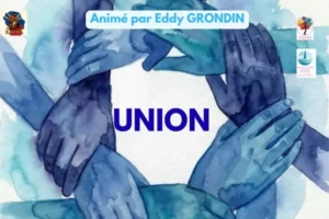 Aquarelle de mains bleues reliées en cercle, séance poétique Union